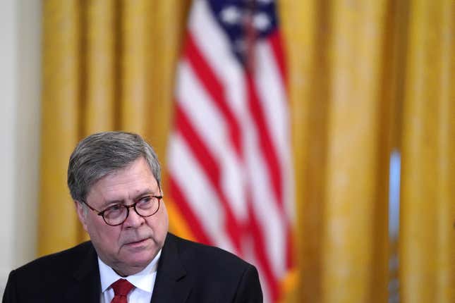 Attorney General William Barr attends a First Step Act celebration in the East Room of the White House April 1, 2019 in Washington, DC.