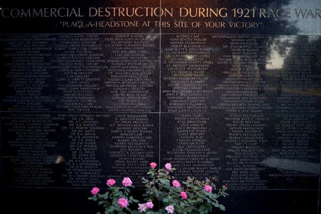 The Black Wall Street Massacre memorial is shown June 18, 2020 in Tulsa, Oklahoma. The Black Wall Street Massacre happened in 1921 and was one of the worst race riots in the history of the United States where more than 35 square blocks of a predominantly black neighborhood were destroyed in two days of rioting leaving between 150-300 people dead. 