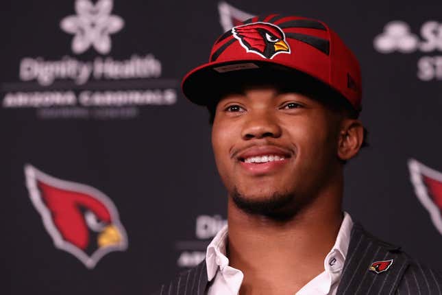 Quarterback Kyler Murray of the Arizona Cardinals poses during a press conference at the Dignity Health Arizona Cardinals Training Center on April 26, 2019 in Tempe, Arizona. 