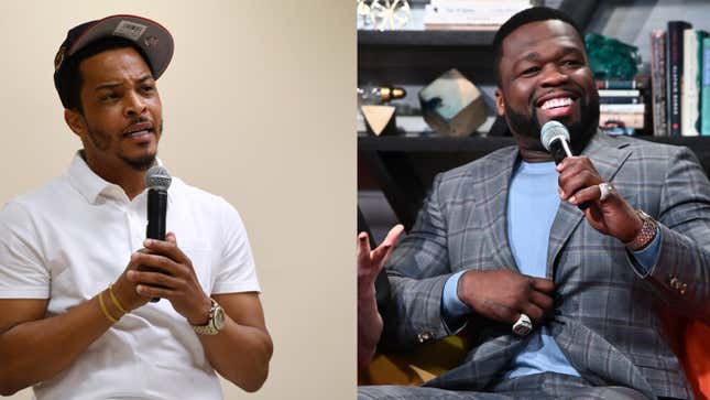 Tip “T.I.” Harris moderates the Solutions, Strategies &amp; Service Summit on race and policing on June 24, 2020, in Las Vegas, Nevada. ; Alex Berg and Curtis “50 Cent” Jackson during BuzzFeed’s “AM To DM” on February 11, 2020, in New York City. 