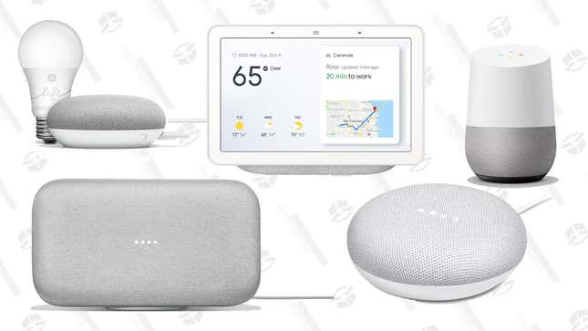 Google Nest Hub | $99 | Walmart 
Google’s Smart TV Kit | $60 | Walmart
Smart Lighting Starter Kit (Mini and a GE C-Life bulb) | $35 | Walmart
Google Home Mini | $29 | Walmart