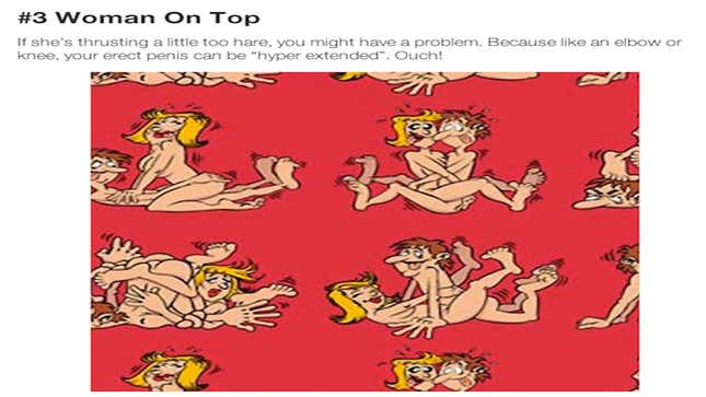 Image for article titled Is There Any Such Thing as a Dangerous Sex Position?