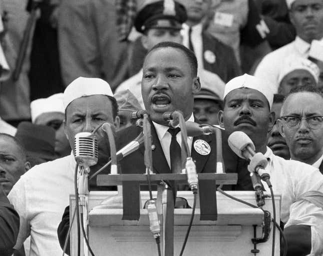 In this Aug. 28, 1963, file photo, Dr. Martin Luther King Jr., head of the Southern Christian Leadership Conference, addresses marchers during his “I Have a Dream” speech at the Lincoln Memorial in Washington.