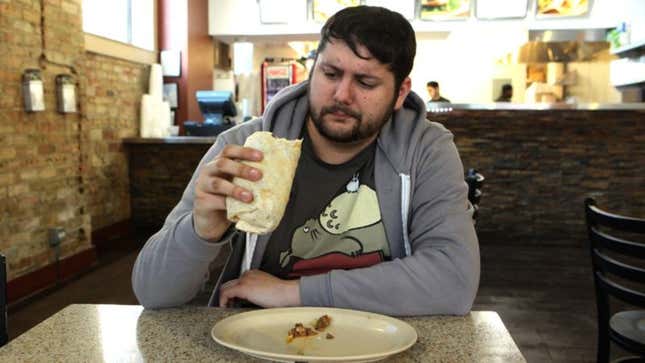 Image for article titled Increasingly Worried Man Hasn’t Yet Come Across Any Guacamole In Burrito