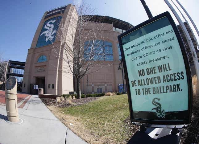 A general view of Guaranteed Rate Field where the Chicago White Sox were scheduled to open the season tomorrow against the Kansas City Royals on March 25, 2020, in Chicago, Illinois.