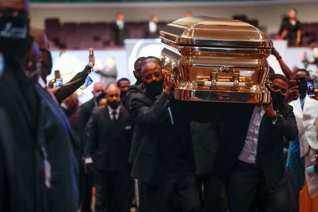  Pallbearers recess out of the church with the casket following the funeral for George Floyd at The Fountain of Praise church on June 9, 2020 in Houston, Texas. Floyd died after being restrained by Minneapolis Police officers on May 25, sparking global protests. 