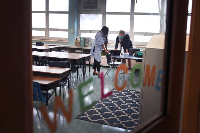 Teachers at King Elementary School, prepare to teach their students remotely in empty classrooms during the first day of classes on September 08, 2020 in Chicago, Illinois.