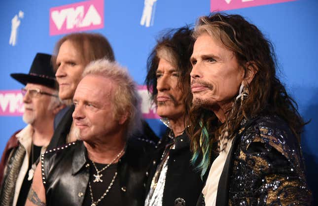 Brad Whitford, Tom Hamilton, Joey Kramer, Joe Perry, and Steven Tyler of Aerosmith attend the 2018 MTV Video Music Awards at Radio City Music Hall on August 20, 2018 in New York City