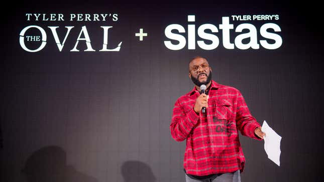 Tyler Perry speaks on stage during the Oval and Sistas screenings on October 20, 2019 in Atlanta, Georgia. 