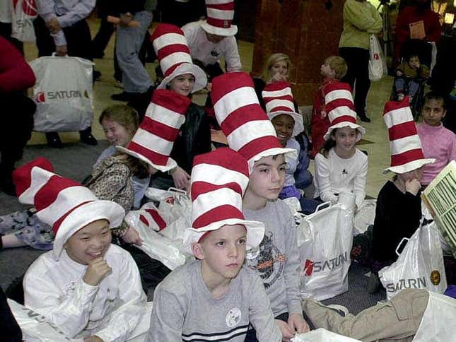Students celebrating Read Across America in 1997. Note the hats from Dr. Seuss’s The Cat in the Hat.