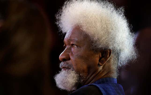 Playwright and poet Wole Soyinka, of Nigeria, recipient of the 1986 Nobel Prize in Literature, listens during award ceremonies for the W.E.B. Du Bois Medal on the campus of Harvard University, in Cambridge, Mass., Wednesday, Oct. 2, 2013.