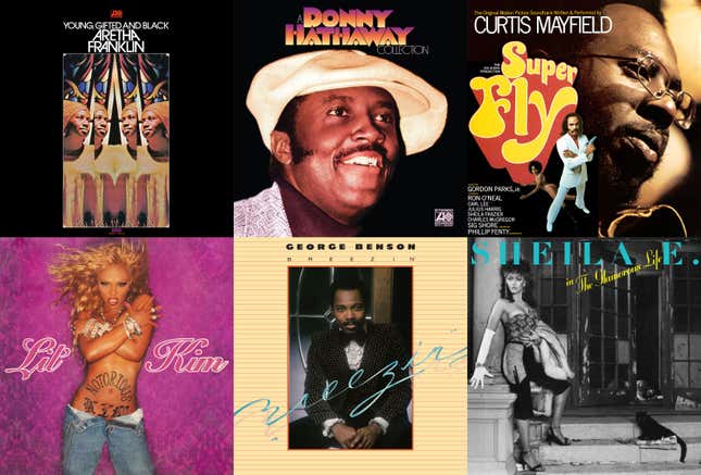 Rhino Records Black Music Classics Vinyl Releases clockwise from top left: Aretha Franklin’s Young Gifted and Black, Donny Hathaway’s A Donny Hathaway Collection, Curtis Mayfield’s Super Fly, Sheila E.’s The Glamorous Life, George Benson’s Breezin’ and Lil Kim’s The Notorious K.I.M.