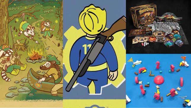 Clockwise from left: Camp Pinetop, Fallout: Wasteland Warfare—The Unexpected Shepherd, HeroQuest, and Crash Octopus.