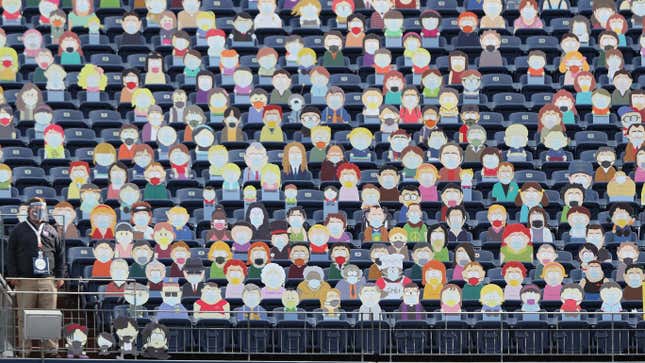 Cardboard cutouts of the television show South Park are seen in the stands as the Tampa Bay Buccaneers play against the Denver Broncos on Sept. 27, 2020 in Denver, Colorado.