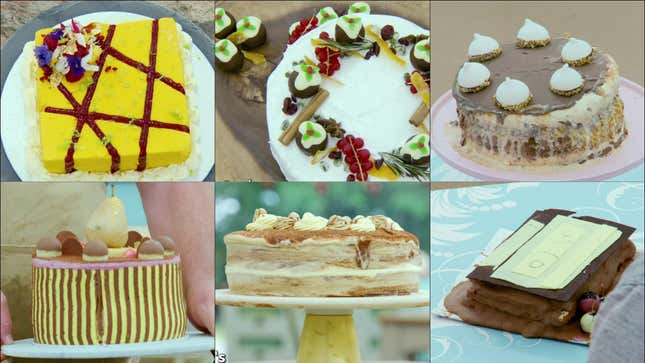 A grid of six of the contestants' ice cream cakes