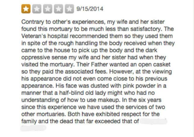 Image for article titled "Idiot Mortician Forgot the Dentures': Grim Yelp Reviews of Funerals