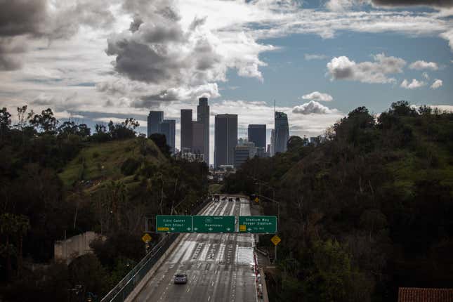 The Freeway 110 is pictured with downtown Los Angeles, California on March 19, 2020. 