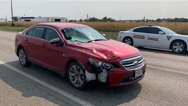 South Dakota Attorney General Jason Ravnsborg’s Ford Taurus at the scene of the impact the following morning