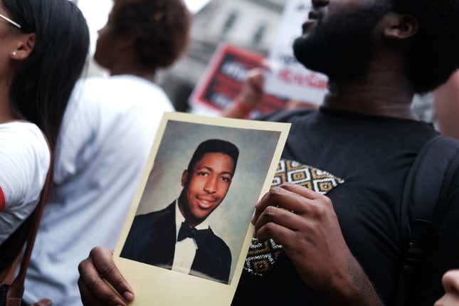 People participate in a protest to mark the five year anniversary of the death of Eric Garner during a confrontation with a police officer in the borough of Staten Island on July 17, 2019 in New York City. 