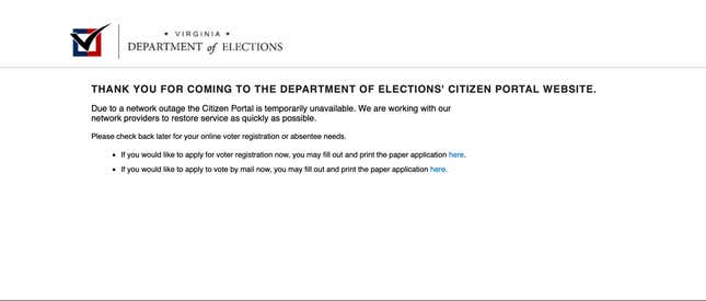 Image for article titled ‘Accidentally’ Cut Wire Shuts Down Voter Registration in Virginia. Don’t Worry, It’s Only the Last Day to Register