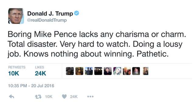 Image for article titled Trump Accidentally Fires Off ‘Boring Mike Pence’ Tweet During VP Speech Before He Can Stop Himself