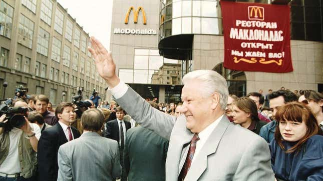 Yeltsin salutes capitalism in Moscow in 1993.