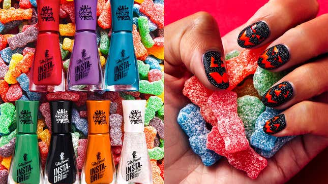Left: Nail polish in seven colors on a bed of Sour Patch Kids candies. Right: A manicured hand holding Sour Patch Kids candies.