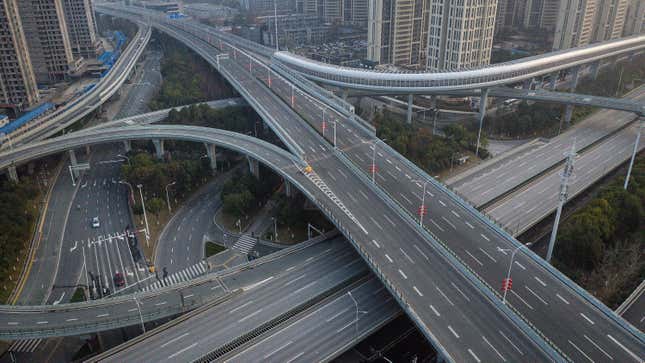 An aerial view of the roads and bridges are seen on Feb. 3, 2020 in Wuhan during covid-19 lockdown.