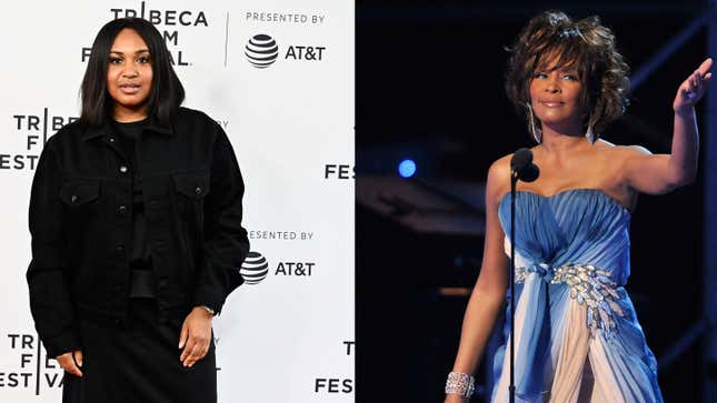 Stella Meghie, left, attends a screening of “The Weekend” during 2019 Tribeca Film Festival on May 03, 2019 in New York City. ; Whitney Houston speaks during the 51st Annual Grammy Awards on February 8, 2009 in Los Angeles, California.