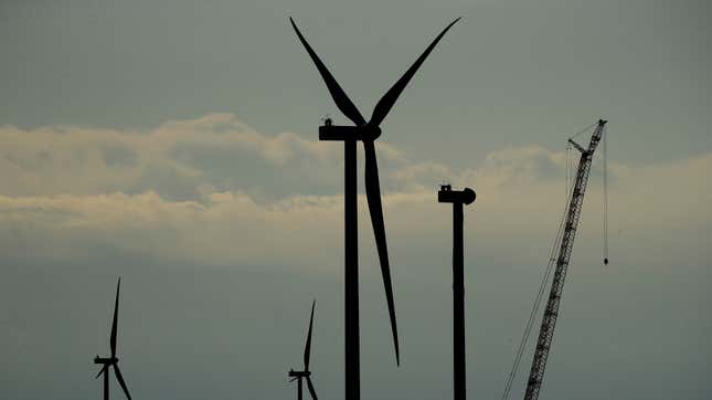 Wind turbines in various stages of completion. 