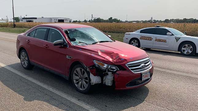 South Dakota Attorney General Jason Ravnsborg’s Ford Taurus at the scene of the impact the following morning. 