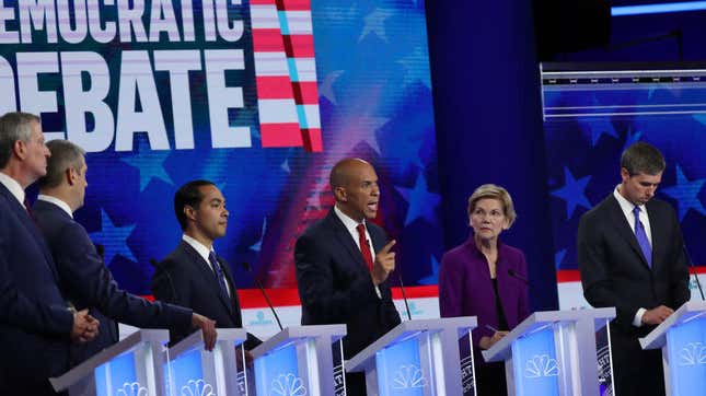 New York City Mayor Bill De Blasio, Rep. Tim Ryan (D-Ohio), former housing secretary Julian Castro, Sen. Cory Booker (D-N.J.), Sen. Elizabeth Warren (D-Mass.), and former Texas congressman Beto O’Rourke take part in the first night of the Democratic presidential debate, June 26, 2019, in Miami.