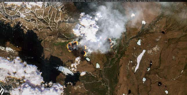 Wildfire within the Arctic Circle in Alaska on June 4th, 2020.