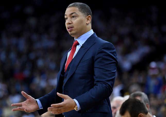 Head coach Tyronn Lue of the Cleveland Cavaliers reacts to the officiating from the referees during an NBA basketball game against the Golden State Warriors at ORACLE Arena on December 25, 2017 in Oakland, California.