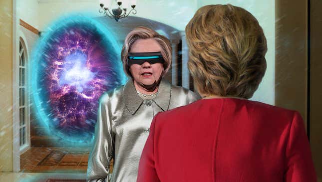 Image for article titled Time-Traveling Hillary Clinton Warns Self To Do Everything In Exact Same Way