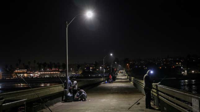  People fish off the Ocean Beach pier before an imposed curfew on November 21, 2020 in San Diego, California.