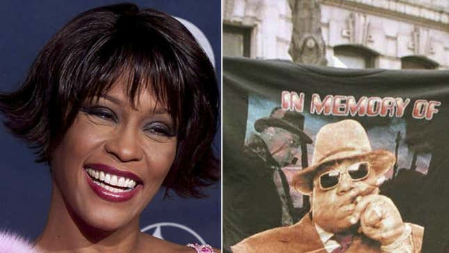 Pop icon Whitney Houston and rapper The Notorious B.I.G. are among this year’s Rock and Roll Hall of Fame inductees, the institution announced on January 15, 2020. This combination of file photos shows  Houston at the 42nd Annual Grammy Awards on February 23, 2000, and a t-shirt tribute to rapper Biggie Smalls on August 17, 1997, during his funeral procession in Brooklyn. 