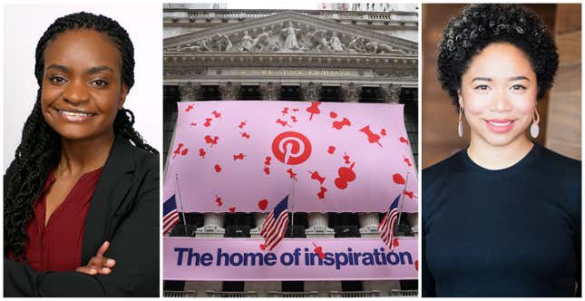 Ifeoma Ozoma, left; Pinterest IPO BANNER on New York Stock Exchange (NYSE) building in New York City on April 18, 2019; Aerica Shimuzu Banks