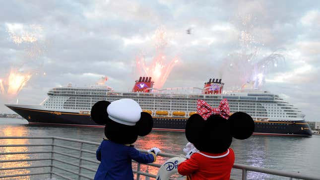 Mickey and Minnie welcome the Disney Dream to Port Canaveral, Florida, January 4, 2011. Image via Getty.