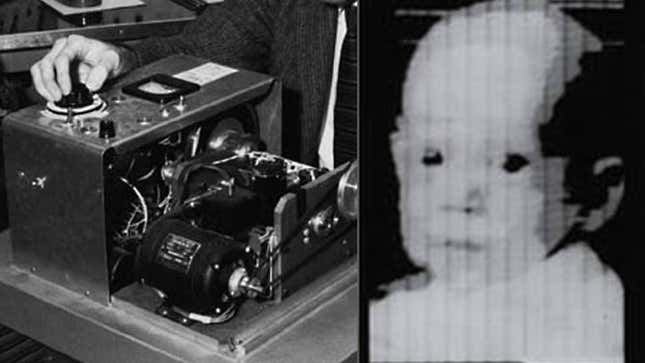 The first digital scanner, used to make the first digital photo in 1957 (left) and the first digital photo, an image of Russell Kirsch’s new baby in 1957 (right)