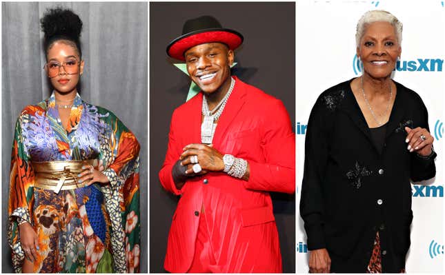 H.E.R. attends the 62nd Annual GRAMMY Awards on January 26, 2020 in Los Angeles, California; DaBaby poses in the press room at the 2019 BET Awards on June 23, 2019 in Los Angeles, California; Dionne Warwick visits SiriusXM’s Soul Town channel on March 28, 2019 in New York City.