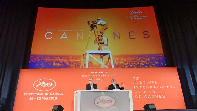 Thierry Fremaux and Pierre Lescure attend the 72th Cannes Film Festival Official Selection Presentation on April 18, 2019 in Paris, France. 