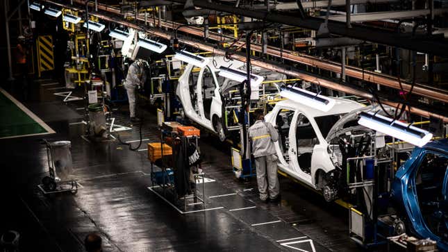 Inside the Renault plant at Flins-sur-Seine.