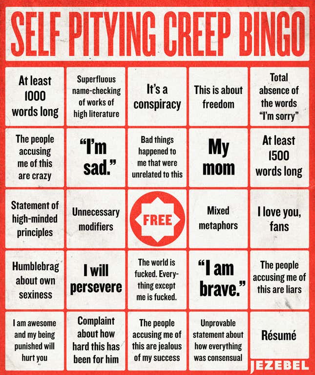 Image for article titled Let's Play Self-Pitying Creep Non-Apology Bingo!