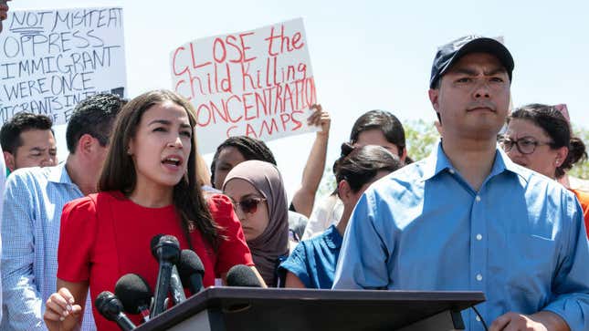  Rep. Alexandria Ocasio-Cortez (D-N.Y.), appearing next to Rep. Joaquin Castro (D-Texas), addresses the media after touring a border patrol facility housing children on July 1, 2019, in Clint, Texas. 