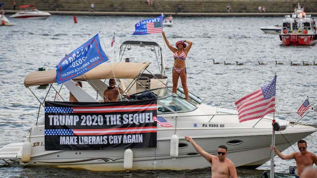 Pittsburgh, Pennsylvania on July 4, 2020. About 30 boats and 50 supporters gathered for a boat parade to support the re-election of President Donald Trump.