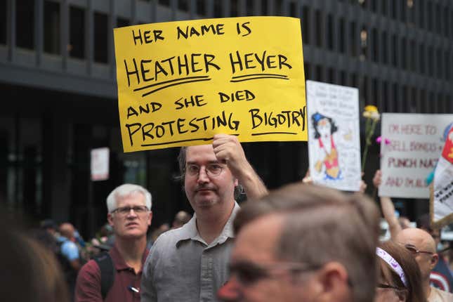 People gather downtown protest the alt-right movement and to mourn the victims of yesterdays rally in Charlottesville, Virginia on August 13, 2017 in Chicago, Illinois. 