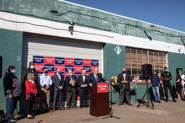 Image for article titled As Trump Refuses to Concede, His Campaign Displays Its Dwindling Relevancy in Parking Lot of a Random Landscaping Company in Philly