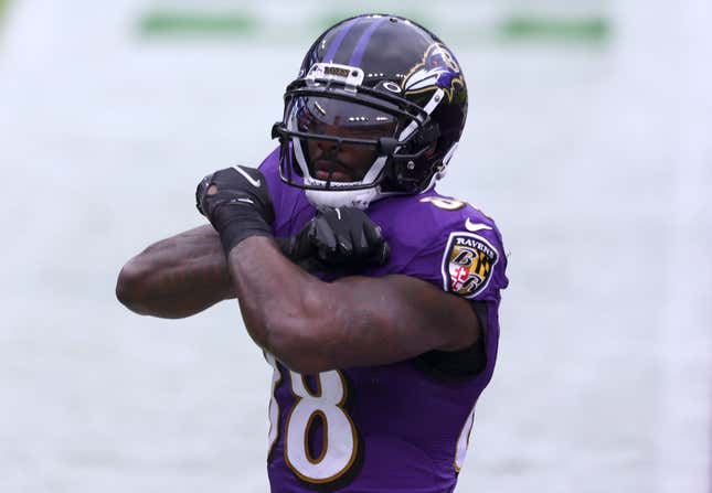 Wide receiver Dez Bryant #88 of the Baltimore Ravens celebrates following an 11-yard touchdown reception during the second quarter of their game against the Jacksonville Jaguars at M&amp;T Bank Stadium on December 20, 2020 in Baltimore, Maryland.