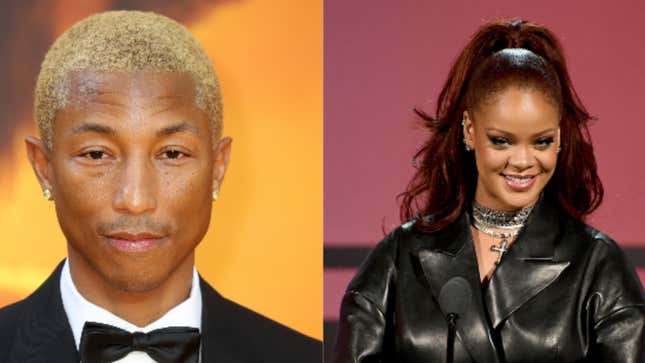 (L-R): Pharrell Williams attends “The Lion King” European Premiere on July 14, 2019, in London; Rihanna speaks onstage at the 2019 BET Awards on June 23, 2019, in Los Angeles.